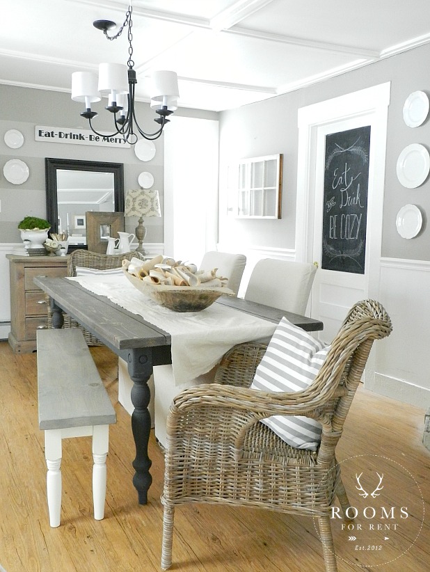 Love this gray dining room and the striped wall kellyelko.com