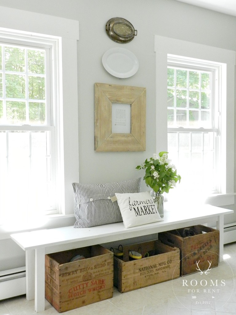 Love this farmhouse bench with crate storage for shoes kellyelko.com