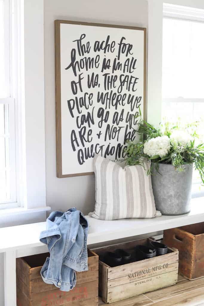 mudroom bench, crates for shoe storage