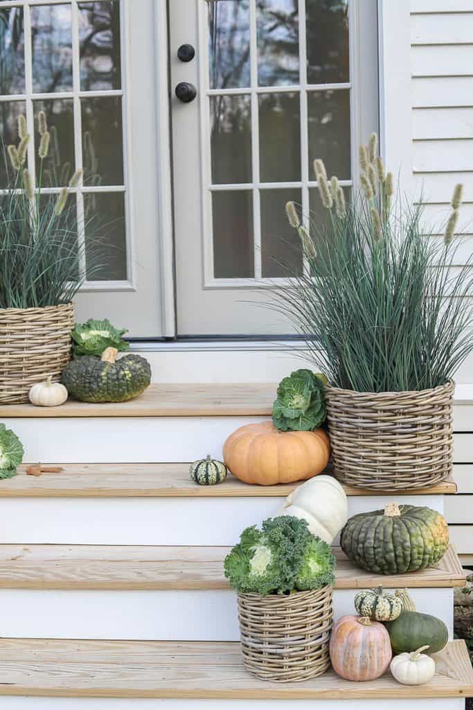 Muted pumpkins and flowering cabbage arranged on garden shed steps